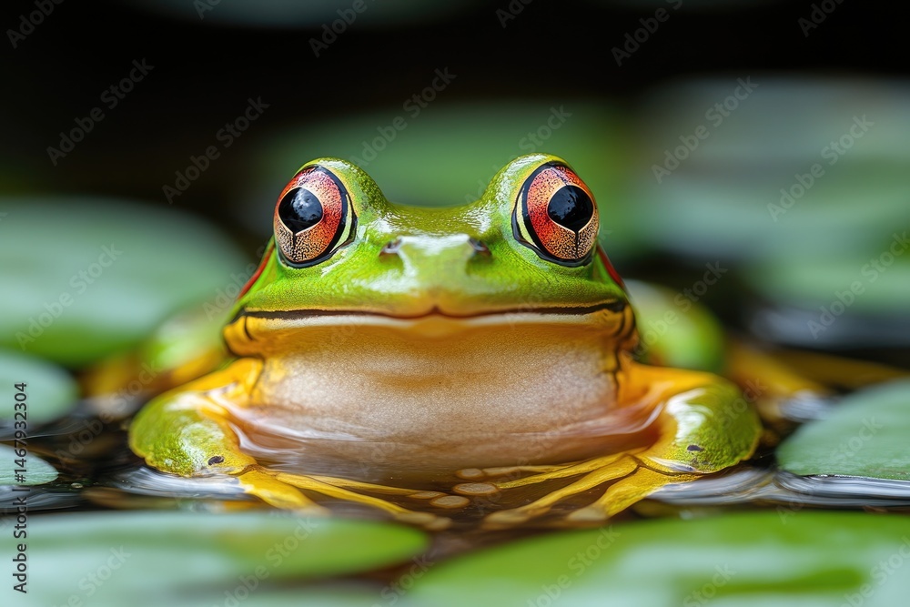 A Vibrant Green Frog Gazing Out From Lily Pads A Vibrant Green Frog Gazing Out From Lily Pads