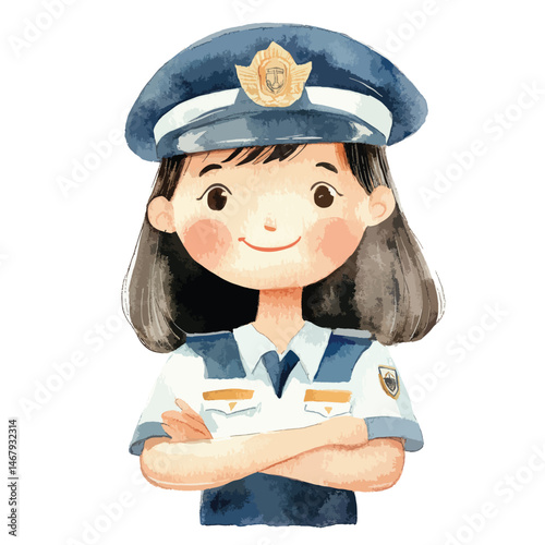 watercolor illustration of girl Immigration Officer isolated