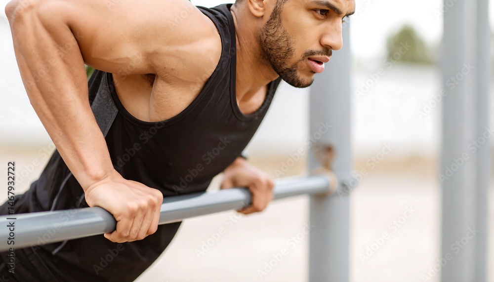 Naklejka premium Muscular Man Doing Dips on Outdoor Calisthenics Bars Intense Fitness Workout