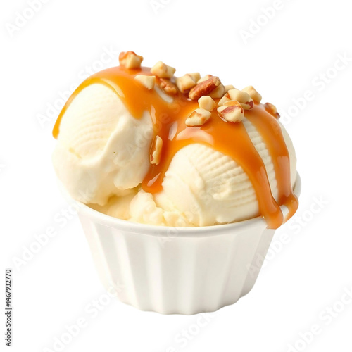 Scoops of vanilla ice cream topped with caramel sauce and chopped nuts in paper cup , isolated on wh.png