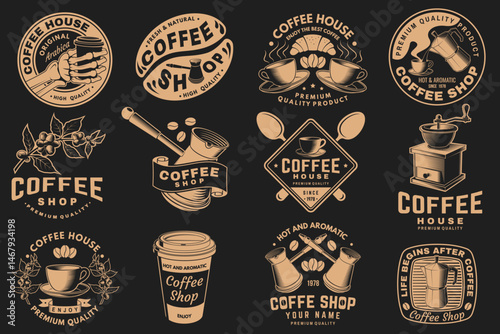 Coffee shop. Hot and aromatic. Vector. Concept for cafe and restaurant logo, brand, label with paper coffee cup, branch of coffee tree, grinder silhouette