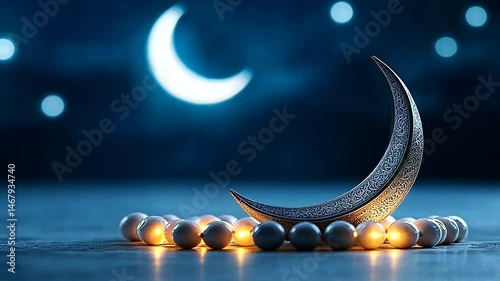 Ramadan crescent moon and glowing spheres