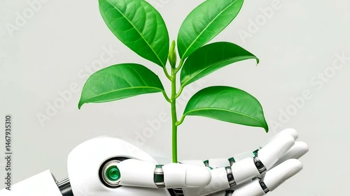 Robot hand nurturing a green plant