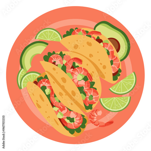 Plate of shrimp tacos with avocado and lime wedges representing delicious Mexican cuisine
