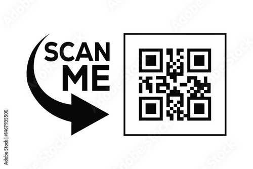 Minimalist black and white graphic design with bold 'SCAN ME' text, curved arrow, and hollow rectangles creating a QR code scan effect. Clean lines, symmetrical composition. Ideal for apps, websites, 