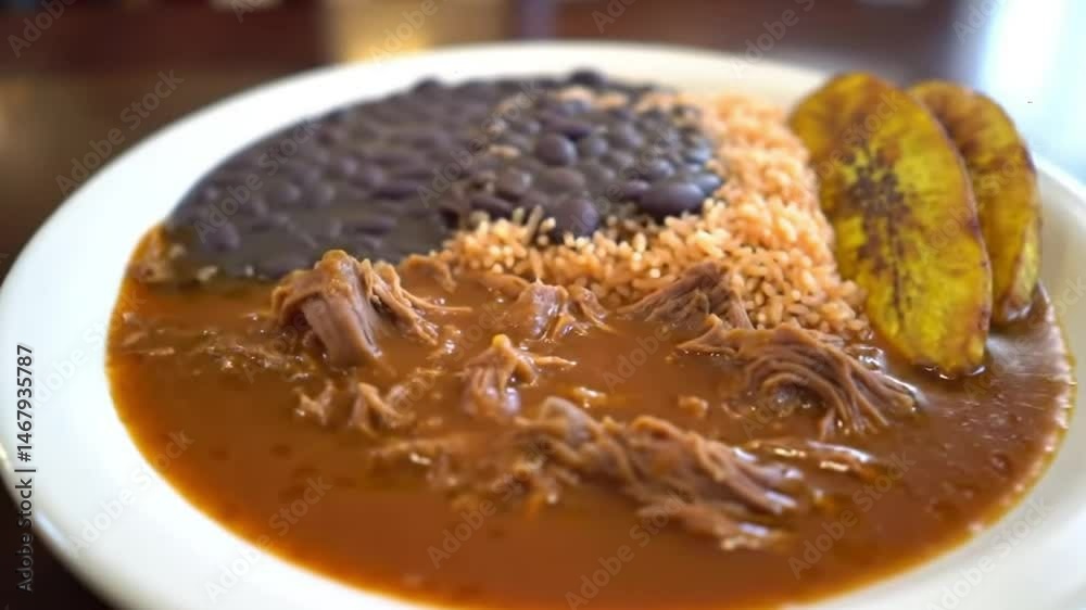 Delicious cuban food plate: ropa vieja, rice, black beans and sweet plantains close up view