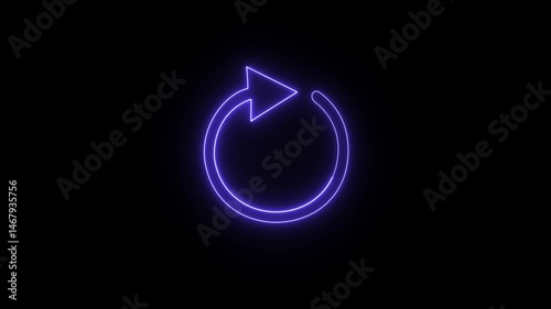 Neon blue reload arrow animation icon animated on a black background. Glowing neon Loading animation. Round reload sign, repeat icon, refresh icon sign, and symbol. 4k