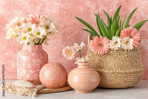Pink floral arrangement with vases and basket
