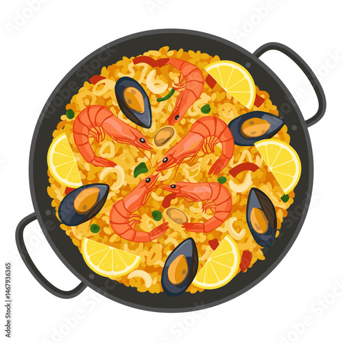 Delicious seafood paella featuring shrimp, mussels, and lemon slices in a black paella pan
