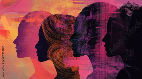 Modern digital art womenâ€™s silhouettes for gender equality awareness and empowerment