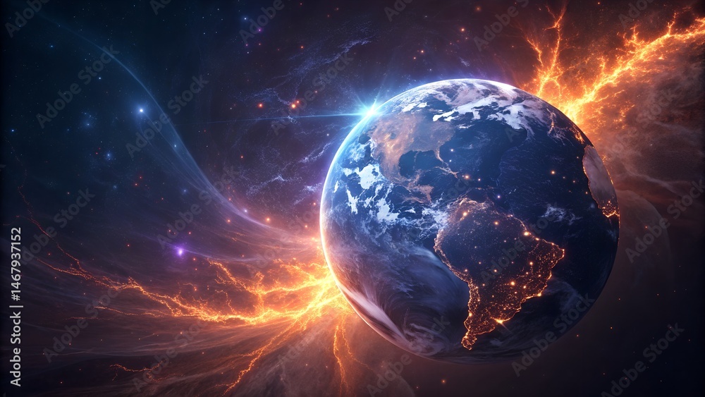Fototapeta premium Futuristic Earth Illuminated with Glowing Energy Streams and Cosmic Lights in a Vibrant Space Scene Against a Starry Background