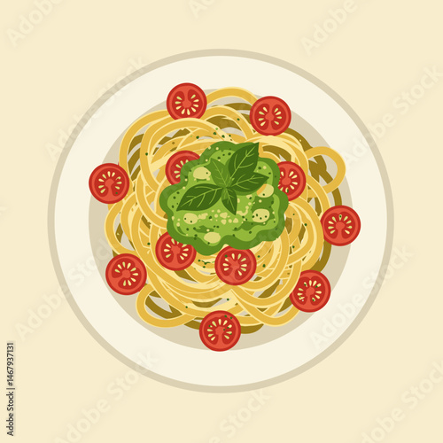 Plate of spaghetti with pesto sauce and cherry tomatoes on a light beige background
