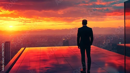 Rooftop contemplation before fiery dawn