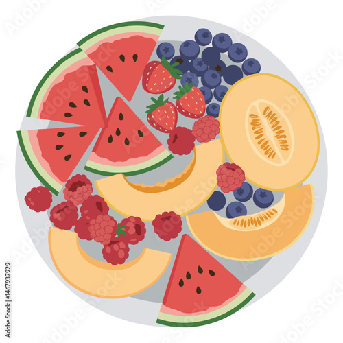 Colorful platter of assorted fresh fruits including watermelon, strawberries, blueberries, raspberries, and melon slices
