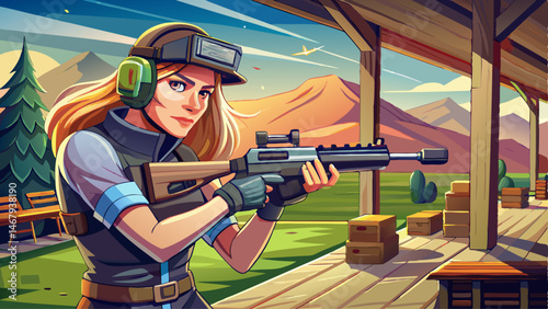 Young Caucasian woman participating in tactical gun training, wearing protective gear at an outdoor shooting range on a sunny summer evening.