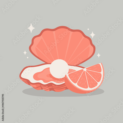 Open oyster with a pearl and a slice of grapefruit, symbolizing luxury and gourmet cuisine on a gray background