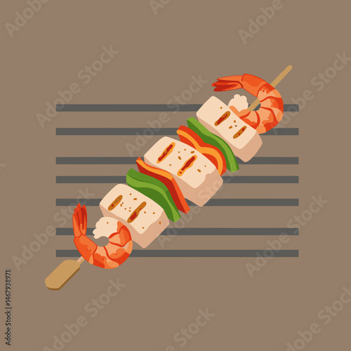 Delicious shrimp and vegetable skewers on a grilling tray representing gourmet seafood cuisine
