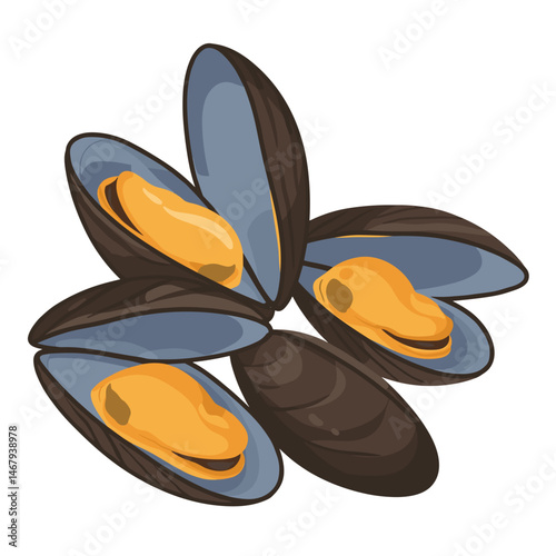 Illustration of fresh opened mussels showcasing their golden meat on a white background

