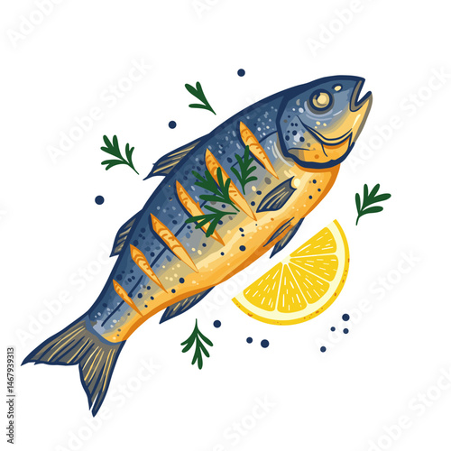 Freshly prepared fish garnished with herbs and served with a lemon slice on a white background