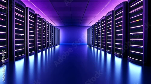 Server room Data glowing in purple