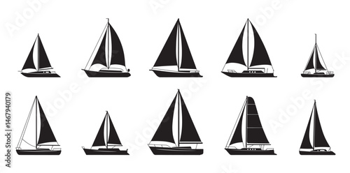 Ten Different Types of Sailboats Black Silhouettes Collection