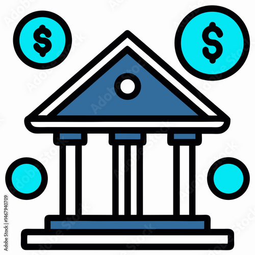 Financial Institution Icon: A sleek and modern icon representing a financial institution, with a building and coins symbols, embodying the essence of finance, banking, and investment.