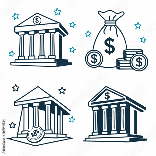 Financial Icons: Conceptual illustrations of a bank, money bag, and coins, representing banking and financial concepts, perfect for financial designs.
