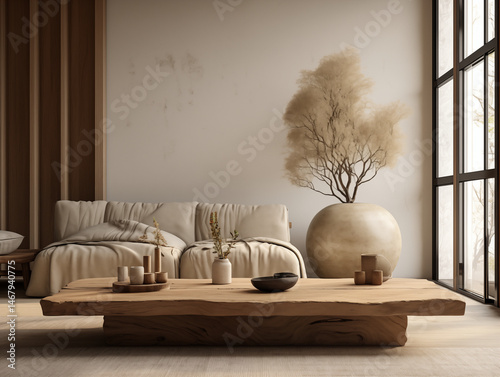 Simple japandi and wabi sabi interior in light colors with rustic coffee table, couch with pillows and oversized artwork on the wall