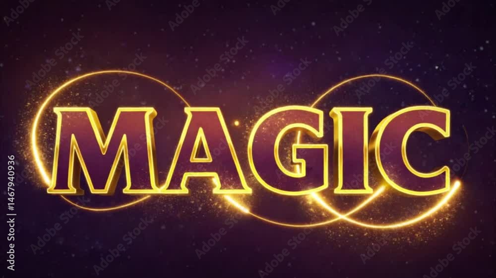 3D text 'MAGIC' in whimsical, glowing style with shimmering gold and deep purple tones, sparkles, swirling light trails, and a starry night or fantasy background 3D text 'MAGIC' in whimsical, glowing style with shimmering gold and deep purple tones, sparkles, swirling light trails, and a starry night or fantasy background