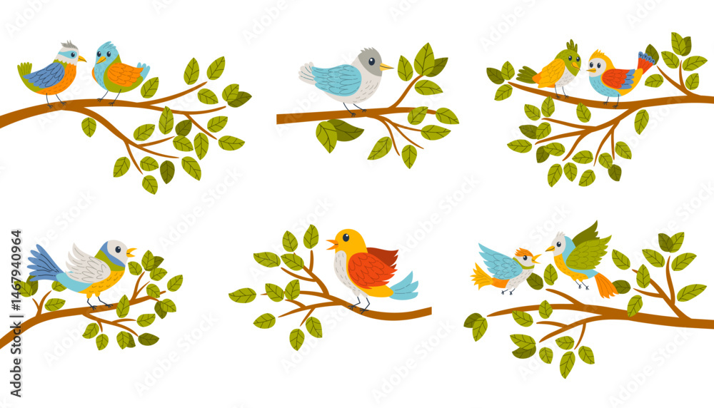 Fototapeta premium Cartoon flat style illustration of colorful birds sitting on tree branches. Bright, playful design with bright colors and a cheerful nature theme. Ideal for kids or spring topics.