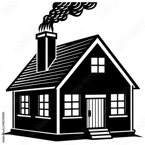 Cozy Cottage Silhouette: A black and white illustration of a charming cottage with a smoking chimney, evoking feelings of warmth and comfort, perfect for design and artistic applications.