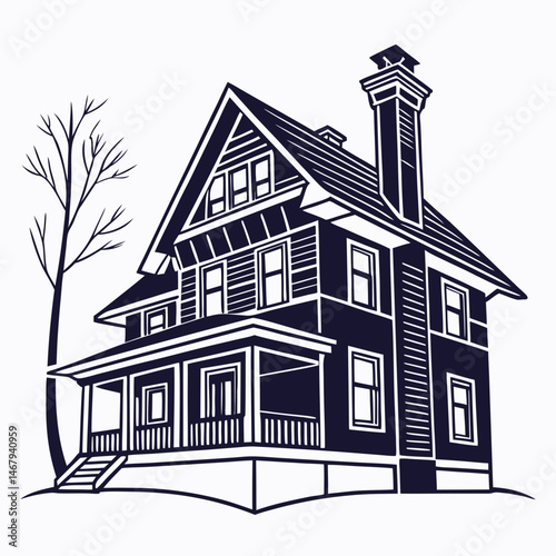 Architectural Dream: A detailed illustration of a classic house, designed with a spacious porch, symmetrical windows, and a tall chimney.