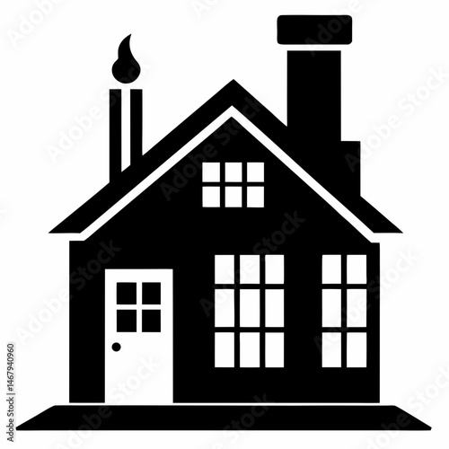 Cozy Cottage Silhouette: A charming illustration of a classic house silhouette with a smoking chimney, evoking warmth and homeliness.