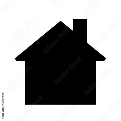 Simple House Silhouette: A minimalist silhouette of a house with a classic gable roof and chimney against a clean, simple background, perfect for illustrating concepts related to home, property.