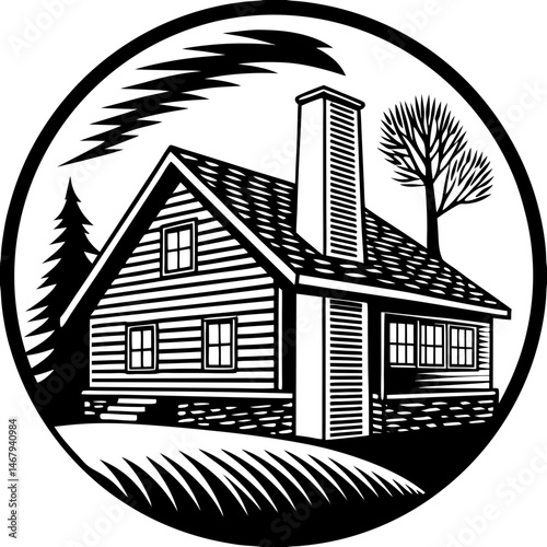 Cozy Cabin Illustration: A detailed line art illustration showcases a charming cabin nestled in a serene, round setting, radiating a sense of tranquility and simplicity.