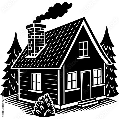 Cozy Cabin Retreat: A charming silhouette of a cabin nestled amidst lush greenery, smoke gently curls from the chimney. Inviting warmth and the simple joy of escape. 
