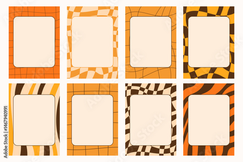 Set of groovy note frames in African colors with bold checkered and striped patterns. Retro-inspired design with vibrant tones, dynamic shapes, and a rhythmic, ethnic visual feel.