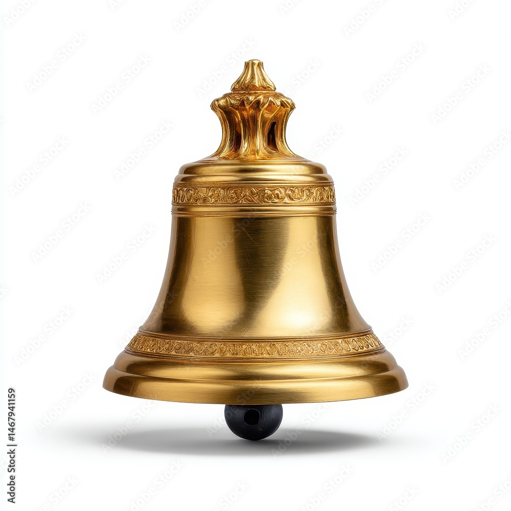 Elegant Golden Bell Isolated on White Background Ornate Detail Classic Design Shiny Metal Elegant Golden Bell Isolated on White Background Ornate Detail Classic Design Shiny Metal