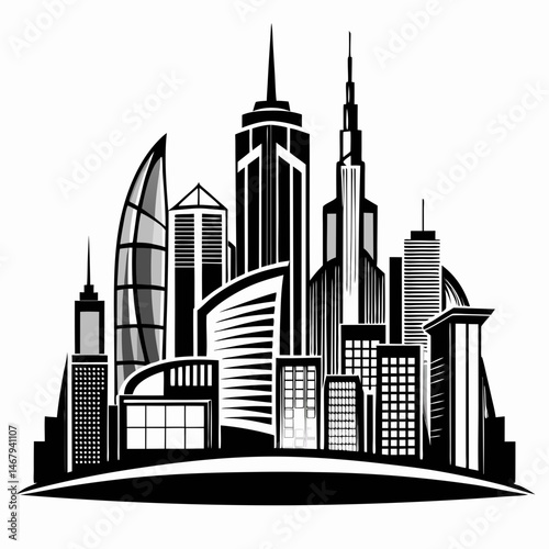 Urban Metropolis: A monochromatic depiction of a bustling metropolis, showcasing a skyline of modern skyscrapers. This graphic captures the essence of urban development and architectural innovation.