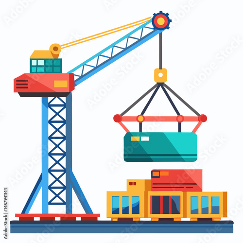 Crane at Work: A detailed illustration captures a crane meticulously handling shipping containers at a bustling construction site. Highlighting the efficiency and mechanics. 