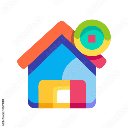 House Symbol with Abstract Illustration: An enchanting representation of a home, crafted with simple, vibrant shapes and colors, and a touch of a coin, symbolizing wealth and prosperity.