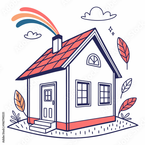 Dream Home: A charming illustration of a quaint house, complete with a vibrant rainbow emanating from its chimney, evokes feelings of warmth, shelter, and happiness.