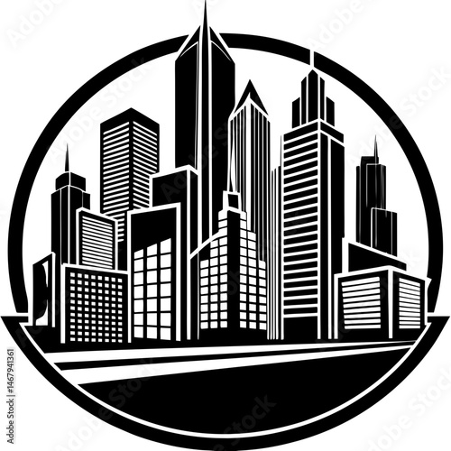 Urban Silhouette: A bold monochrome portrayal of a bustling cityscape, where towering skyscrapers and architectural marvels define the horizon, all encapsulated within a sleek, circular frame. 