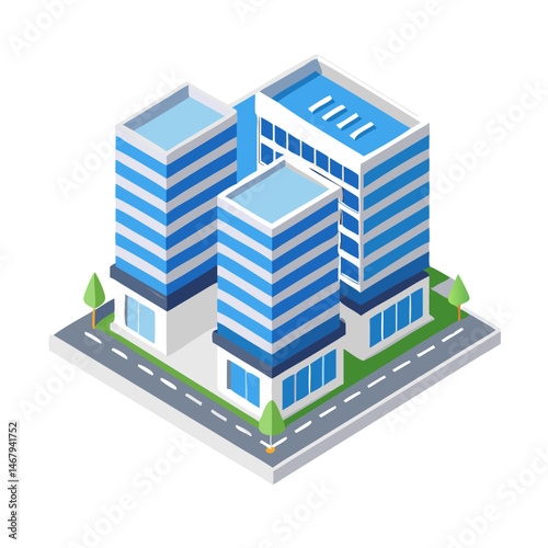 Isometric City Buildings: A clean and modern isometric illustration showcasing a cluster of contemporary buildings, set against a pristine backdrop