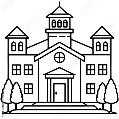 Grand Building Illustration: A majestic building with a central tower and symmetrical wings, surrounded by evergreen trees, illustrated in a simple yet elegant line drawing style.