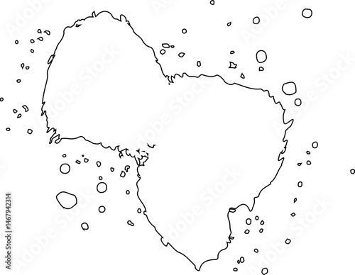 Ink spot outlined in a hollow contour with two prominent drip trails extending downward.
