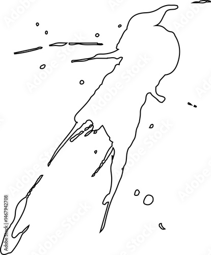 High-pressure ink burst forms an elongated horizontal spread of hollow lines with scattered droplets and irregular edges.