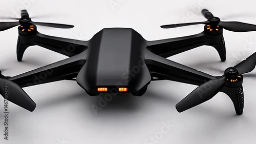 Sleek black drone hovers on white