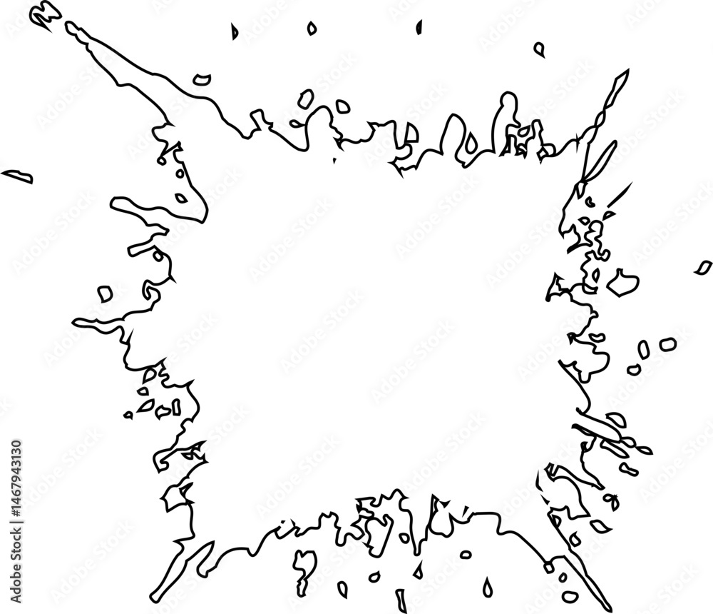 Outline of a splattered ink shape with rough edges and fragmented contour lines.
