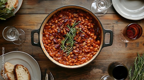 Baked Beans with Tomato Sauce, Topped with Crispy Bacon Bits, Rustic Table Setting